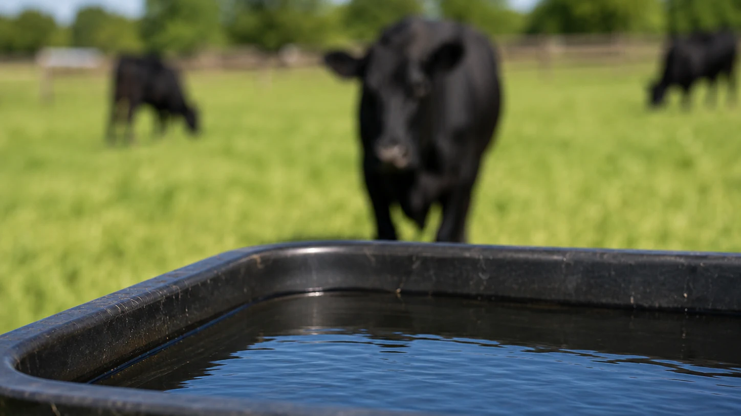 Bò Black Angus gặm cỏ phía sau máng nước đầy tại Masami Ranch